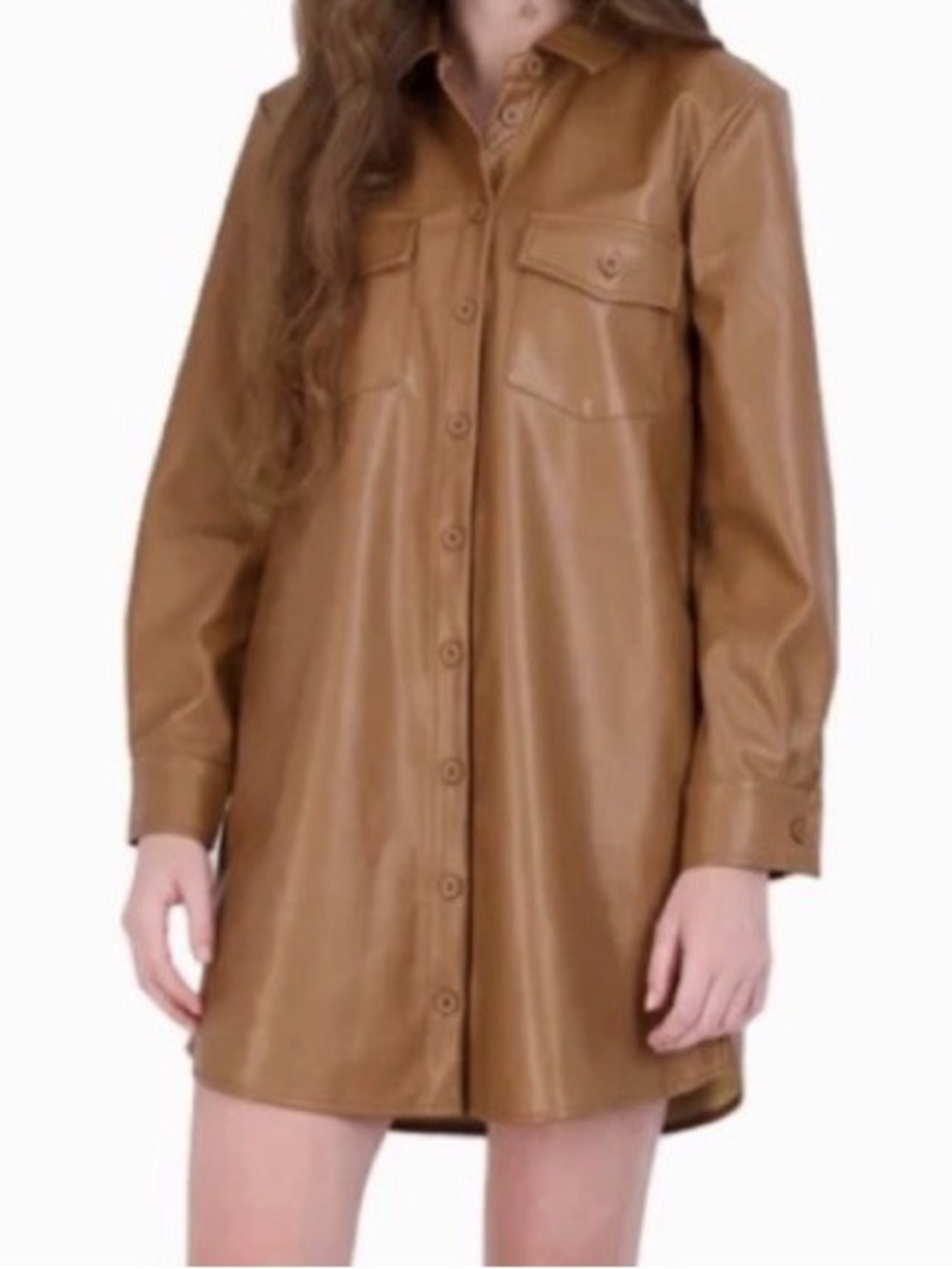 BB Dakota by Steve Madden Darl Camel Vegan Leather Button Down Shirt Dress Large